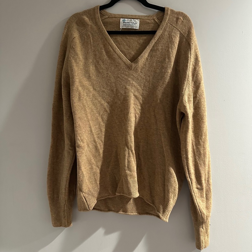 Vintage Puritan‎ Aquaknit Mens Large Lambswool V-Neck Sweater Tan Made in USA